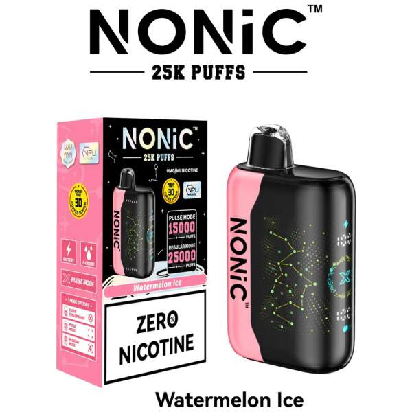 Watermelon Ice NONiC 25K disposable vape with watermelon and ice graphics on the device.
