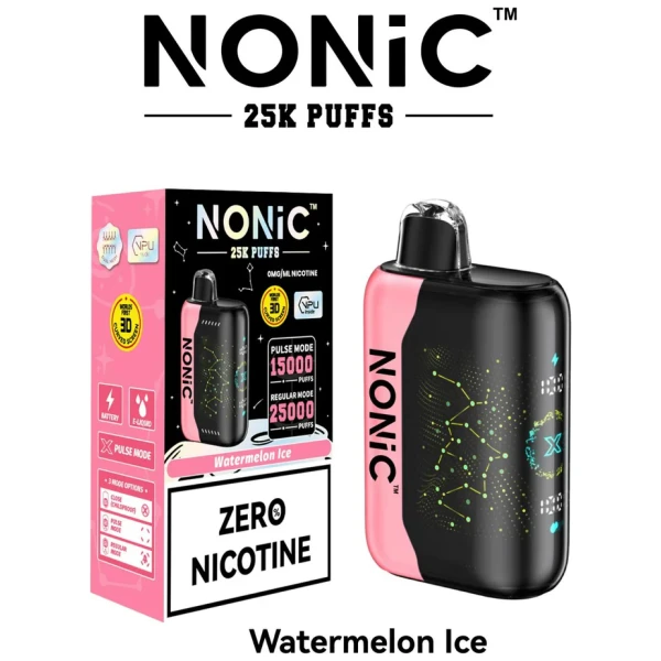 Watermelon Ice NONiC 25K disposable vape with watermelon and ice graphics on the device.