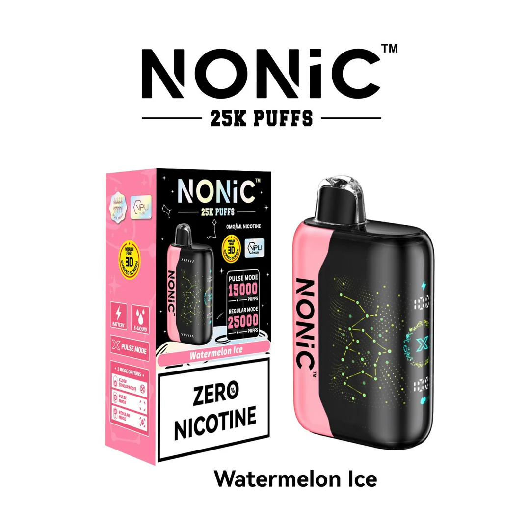 Nonic 25K Watermelon Ice Watermelon Ice NONiC 25K disposable vape with watermelon and ice graphics on the device.