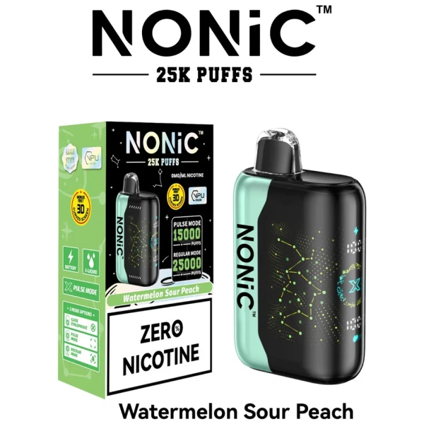 Watermelon Sour Peach NONiC 25K disposable vape with watermelon and peach sour-candy graphics.