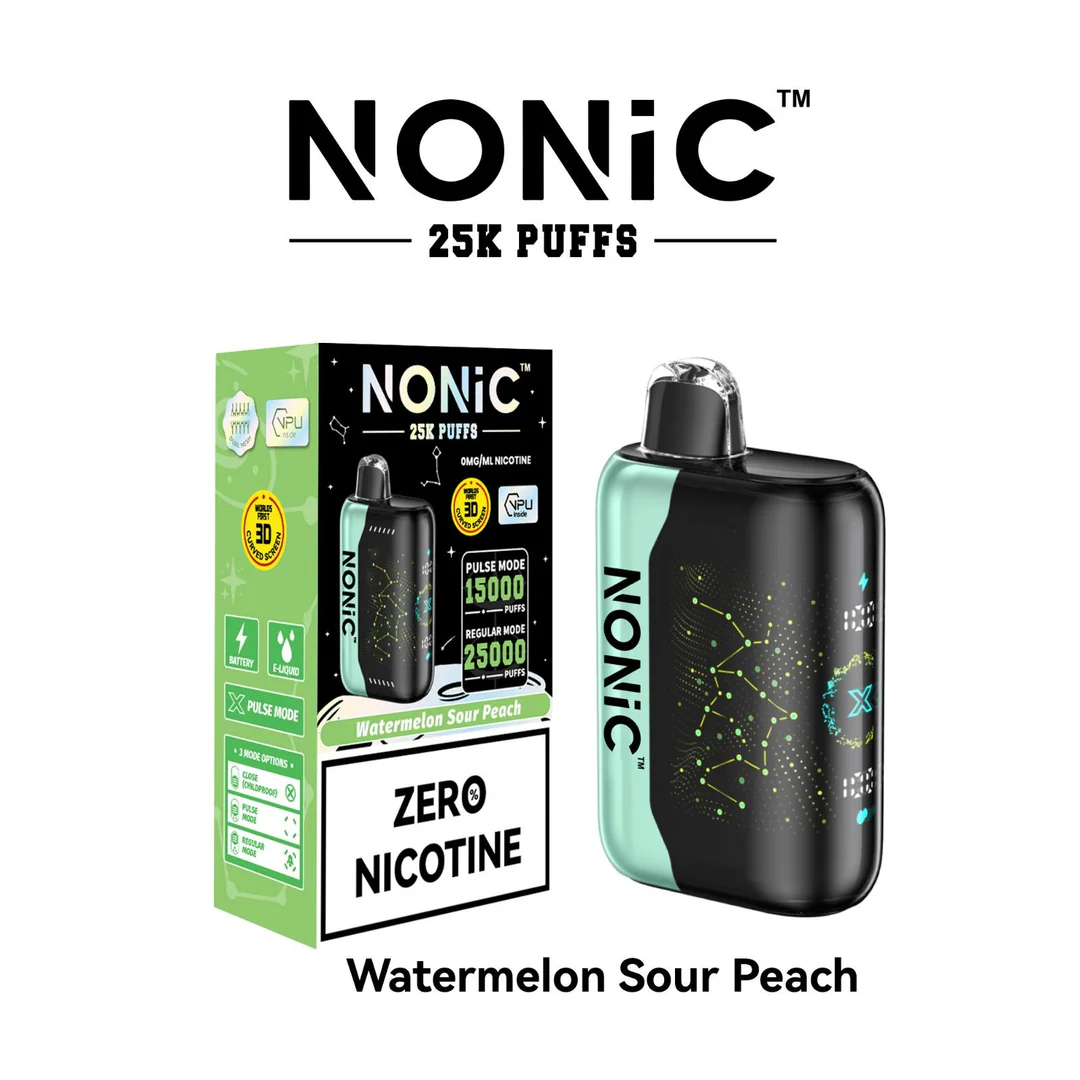 Watermelon Sour Peach NONiC 25K disposable vape with watermelon and peach sour-candy graphics.