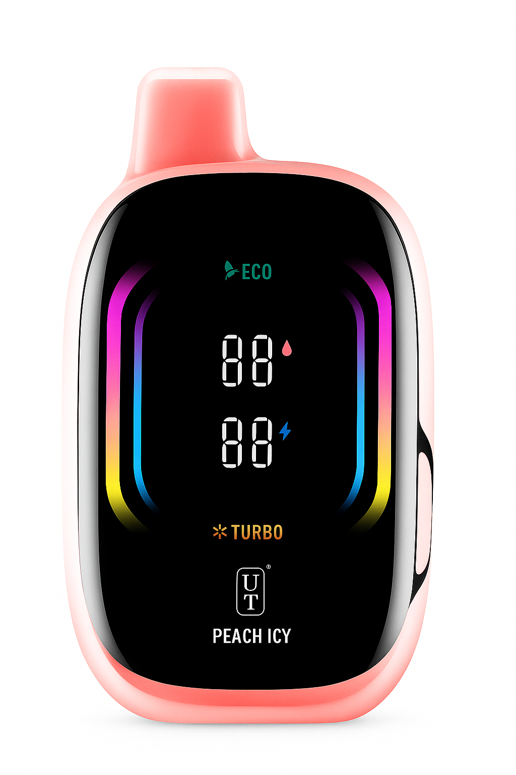 Peach Icy Float Mello Pro 50K disposable vape with peach and icy float artwork on a clean white background.