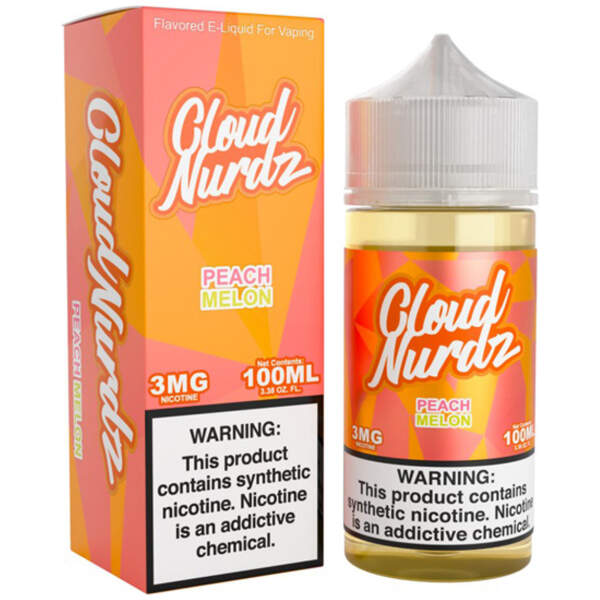 Peach Melon Cloud Nurdz 100ml e-liquid bottle with peach and melon candy graphics.