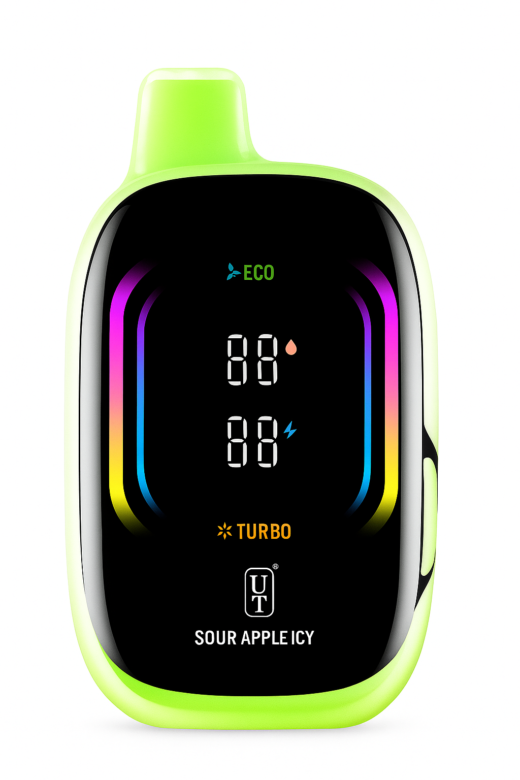 Sour Apple Icy Float Mello Pro 50K disposable vape with green apple and icy float design on white background.