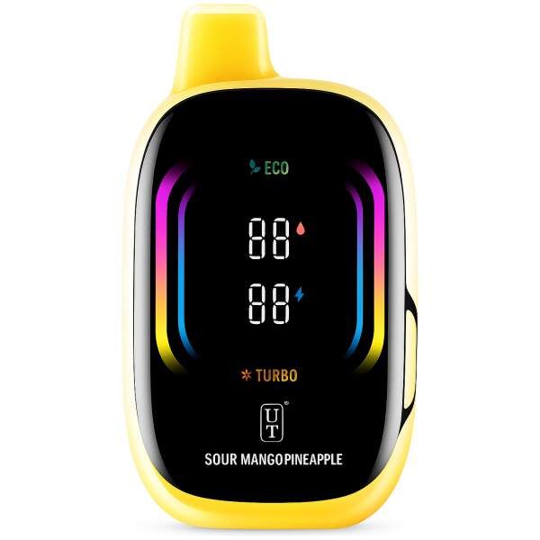 Sour Mango Pineapple Float Mello Pro 50K disposable vape with mango and pineapple graphics on a tropical background.