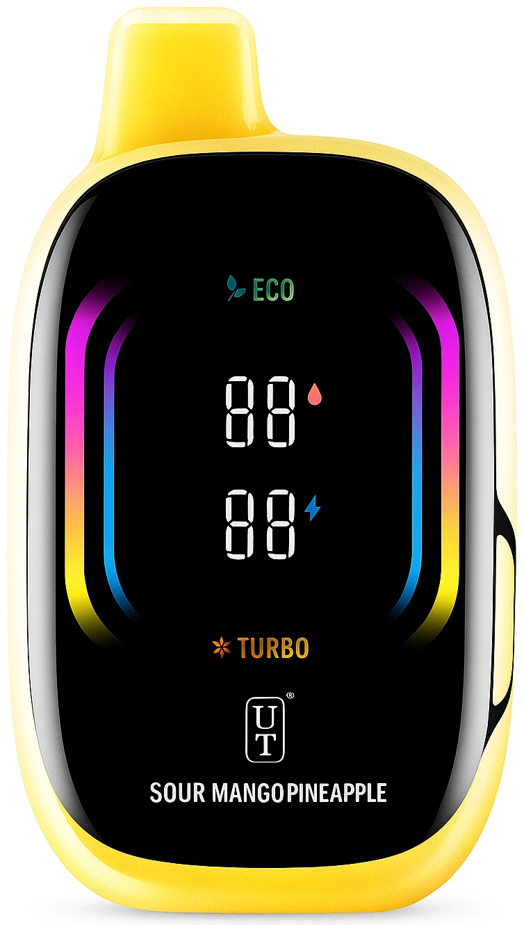 Sour Mango Pineapple Flum Mello Pro 50K Sour Mango Pineapple Float Mello Pro 50K disposable vape with mango and pineapple graphics on a tropical background.