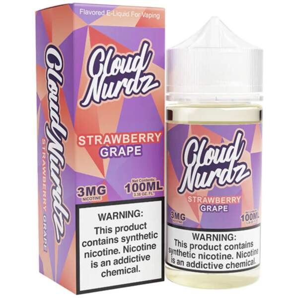 Strawberry Grape Cloud Nurdz 100ml e-liquid bottle with strawberry and grape candy graphics.