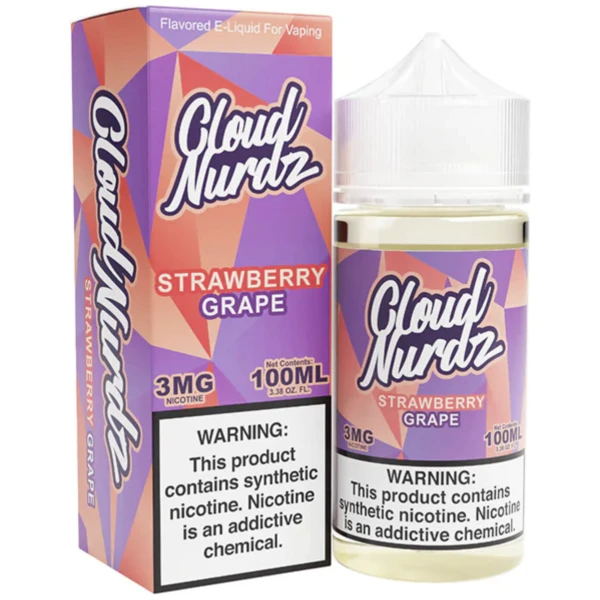 Strawberry Grape Cloud Nurdz 100ml e-liquid bottle with strawberry and grape candy graphics.