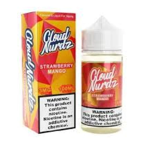 Strawberry Mango Cloud Nurdz 100ml e-liquid bottle with strawberry and mango candy graphics.