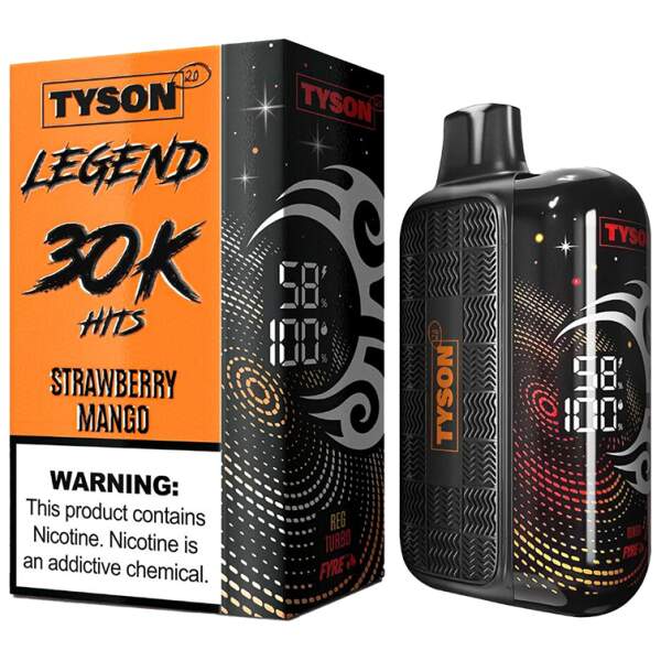 Strawberry Mango Tyson 2.0 Legend 30K disposable vape with strawberry and mango design and sleek LED display.