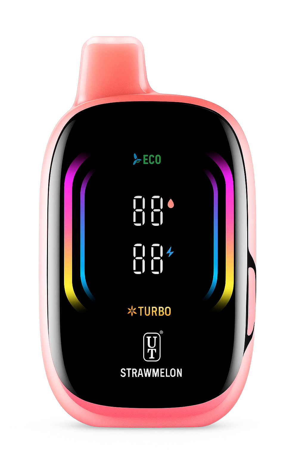 Strawmelon Float Mello Pro 50K disposable vape with strawberry and watermelon artwork on a vibrant background.