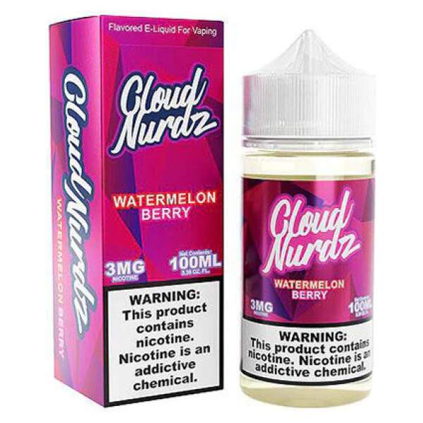 Watermelon Berry Cloud Nurdz 100ml e-liquid bottle with watermelon and berry candy graphics.