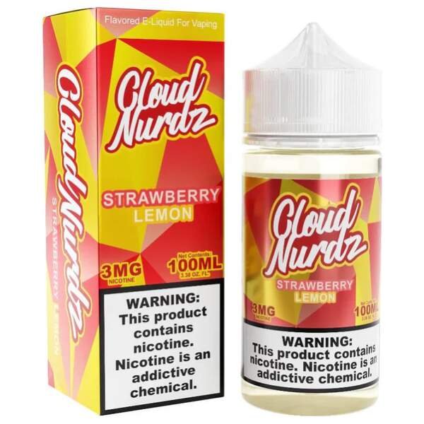 Strawberry Lemon Cloud Nurdz 100ml e-liquid bottle with strawberry and lemon candy graphics.
