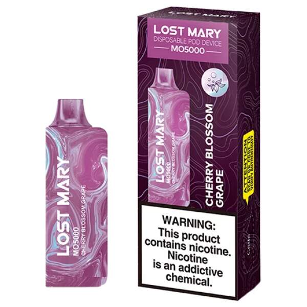 Cherry Blossom Grape Lost Mary MO5000 disposable vape with cherry blossom and grape-themed design.