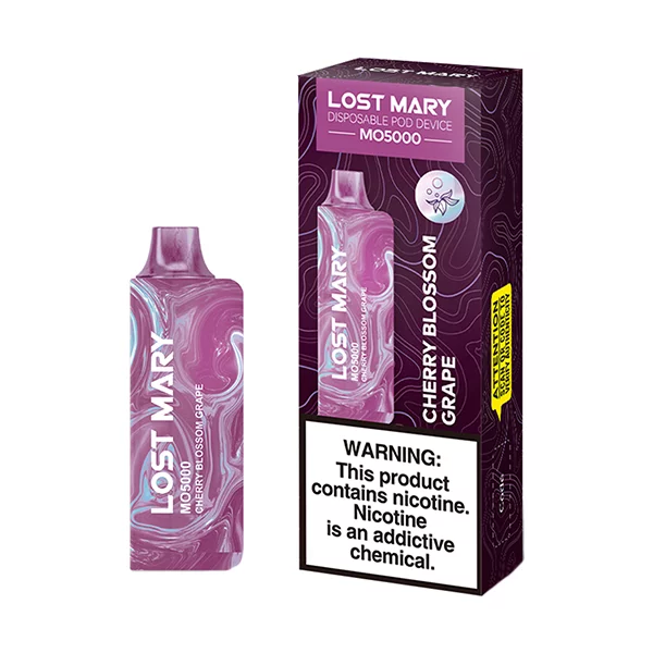 Cherry Blossom Grape Lost Mary MO5000 disposable vape with cherry blossom and grape-themed design.