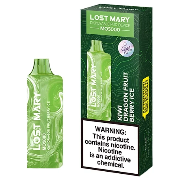 Kiwi Dragonfruit Berry Ice Lost Mary MO5000 disposable vape with kiwi, dragonfruit, berry, and ice-inspired artwork.