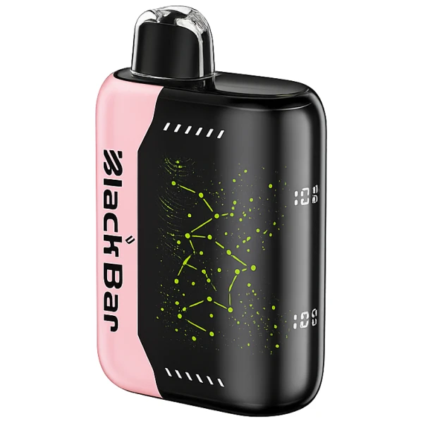 Strawberry Mango Black Bar Universe X disposable vape with strawberry and mango fruit graphics on a sleek device.