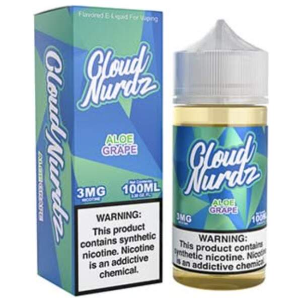 Aloe Grape Cloud Nurdz 100ml e-liquid bottle with aloe and grape candy graphics.