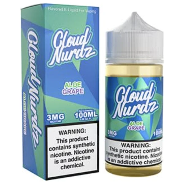 Aloe Grape Cloud Nurdz 100ml e-liquid bottle with aloe and grape candy graphics.