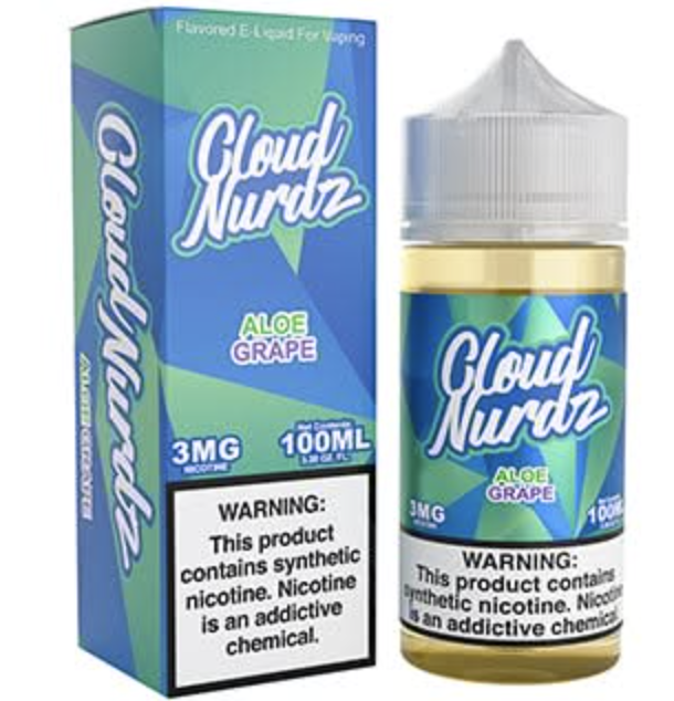 Aloe Grape Cloud Nurdz 100ml e-liquid bottle with aloe and grape candy graphics.