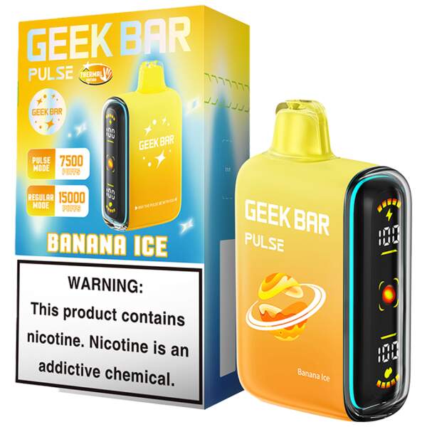 Banana Ice Geek Bar Pulse disposable vape with banana and ice-themed design on a clean white background.