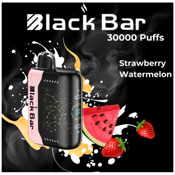 Strawberry Watermelon Black Bar Universe X disposable vape with strawberry and watermelon fruit graphics on a sleek device.