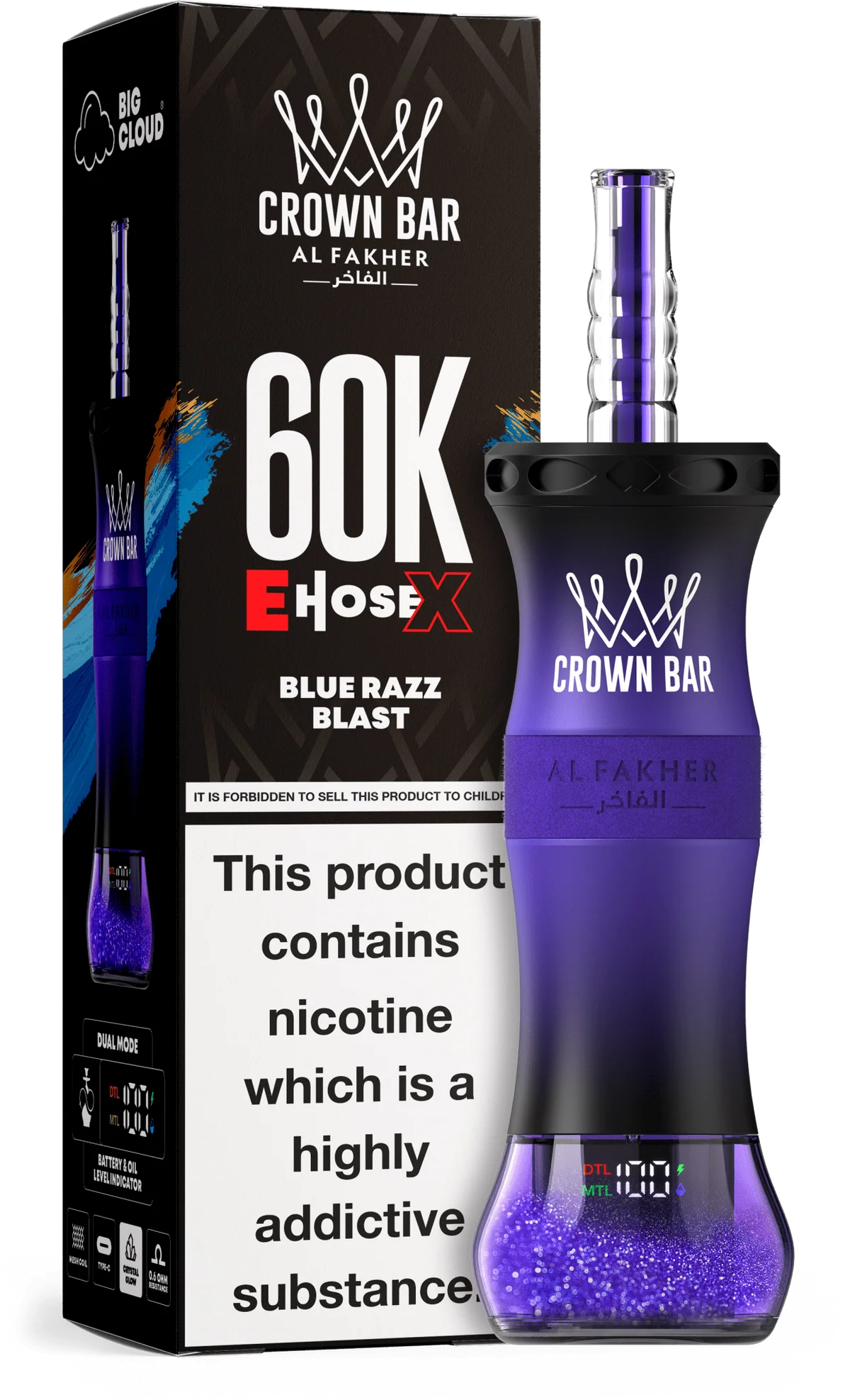 Blue Razz Blast Al Fakher Crown Bar E Hose X 60K Blue Razz Blast Al Fakher Crown Bar E Hose X 60k disposable device with blue raspberry blast flavor graphics.