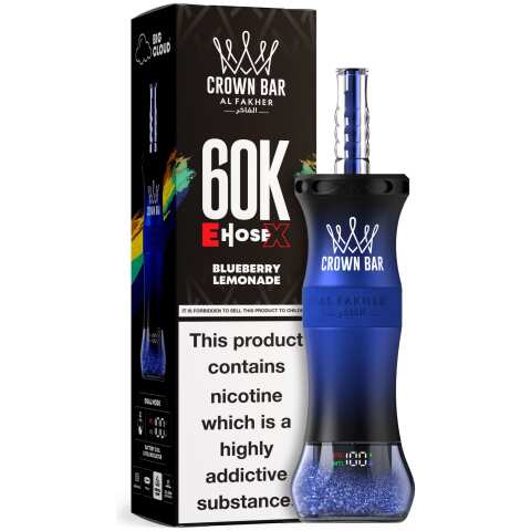 A 50ml Blueberry Lemonade Al Fakher Crown Bar E Hose X 60k disposable device with blueberry and lemonade flavor graphics. by Vape4Less.
