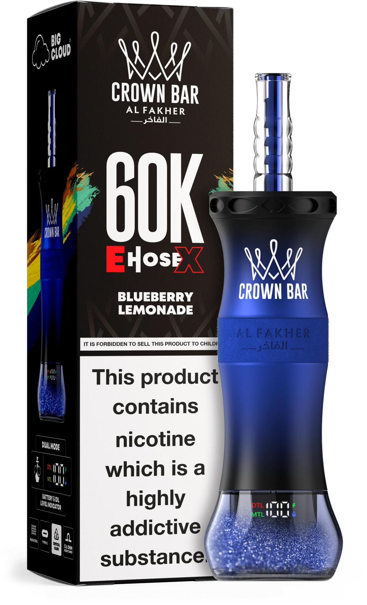 Blueberry Lemonade Al Fakher Crown Bar E Hose X 60K Blueberry Lemonade Al Fakher Crown Bar E Hose X 60k disposable device with blueberry and lemonade flavor graphics.