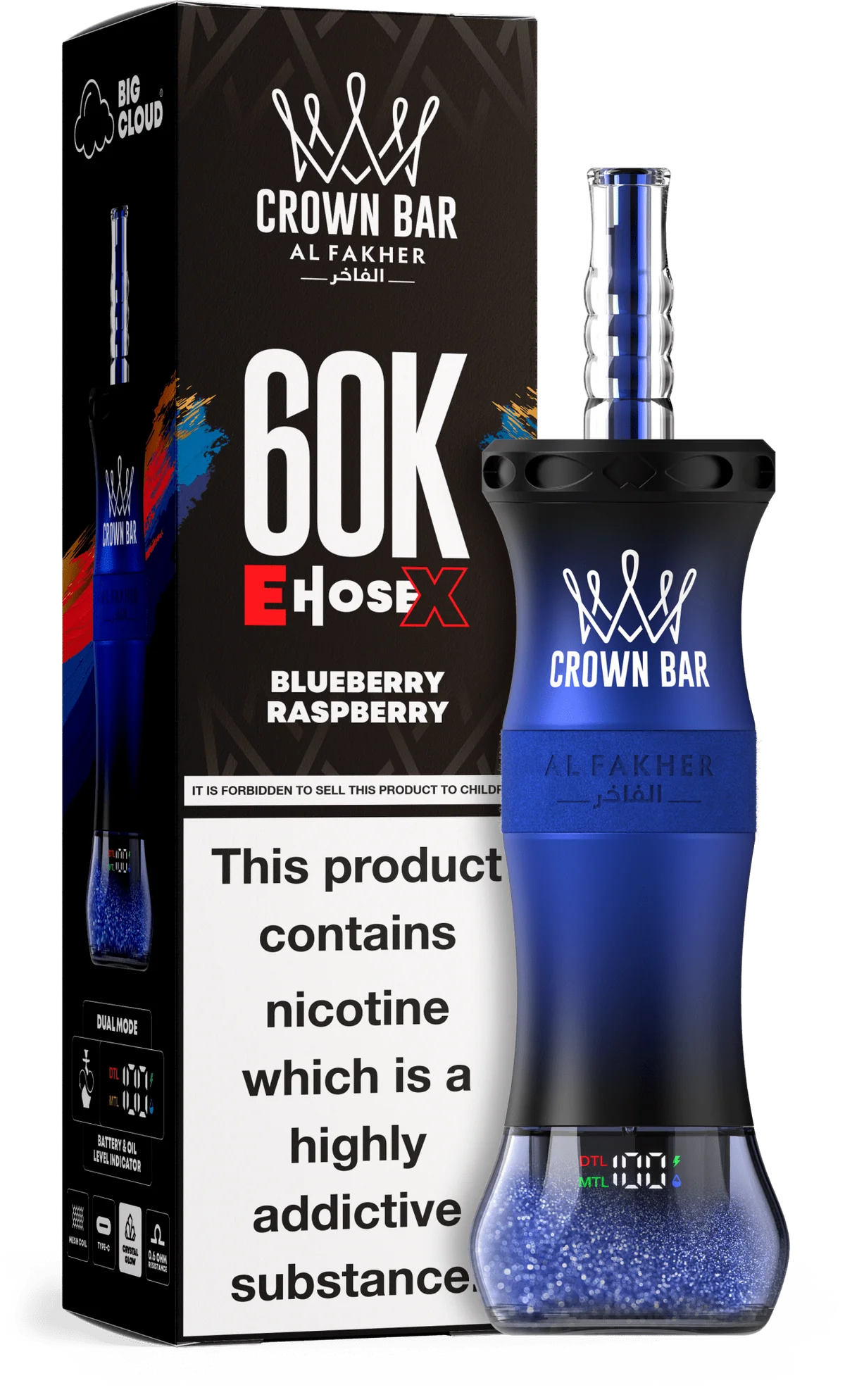 Blueberry Raspberry Al Fakher Crown Bar E Hose X 60K Blueberry Raspberry Al Fakher Crown Bar E Hose X 60k disposable device with blueberry and raspberry flavor graphics.