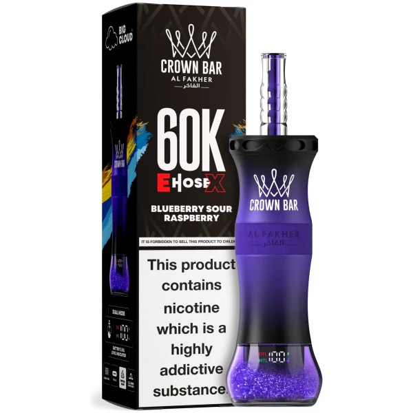 Blueberry Sour Raspberry Al Fakher Crown Bar E Hose X 60k disposable device with blueberry and sour raspberry flavor graphics.