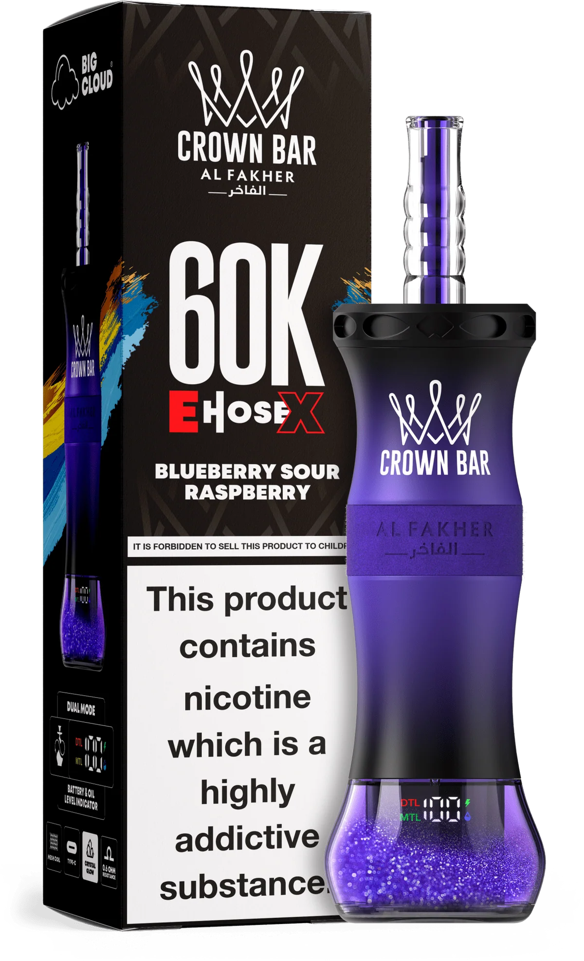 Blueberry Sour Raspberry Al Fakher Crown Bar E Hose X 60K Blueberry Sour Raspberry Al Fakher Crown Bar E Hose X 60k disposable device with blueberry and sour raspberry flavor graphics.