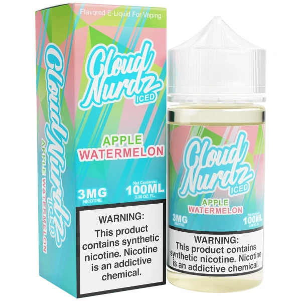 Iced Apple Watermelon Cloud Nurdz 100ml e-liquid bottle with apple, watermelon, and icy background elements.