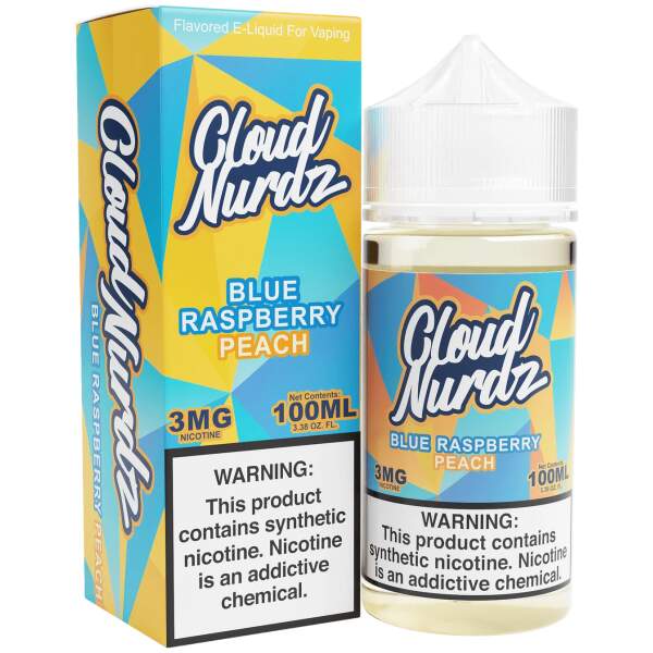 Blue Raspberry Peach Cloud Nurdz 100ml e-liquid bottle with blue raspberry and peach candy graphics.