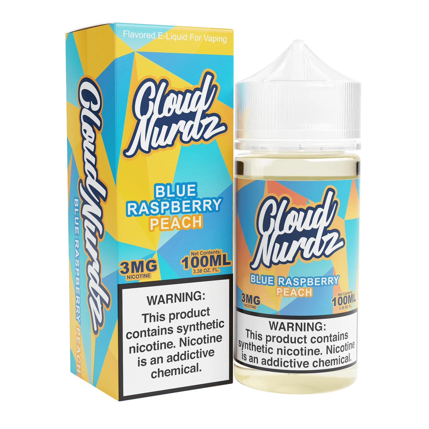 Blue Raspberry Peach Cloud Nurdz 100ml e-liquid bottle with blue raspberry and peach candy graphics.