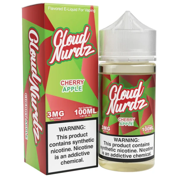 Cherry Apple Cloud Nurdz 100ml e-liquid bottle with cherry and green apple candy graphics.