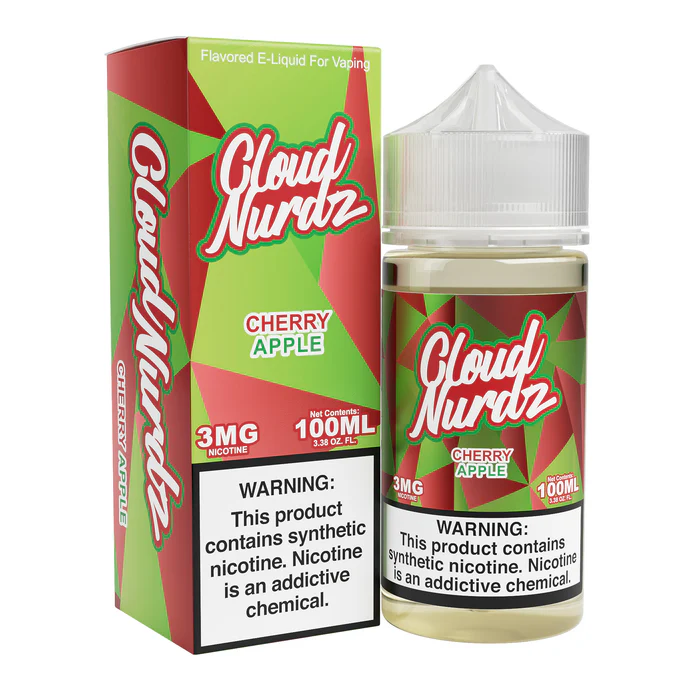 Cherry Apple Cloud Nurdz 100ml e-liquid bottle with cherry and green apple candy graphics.