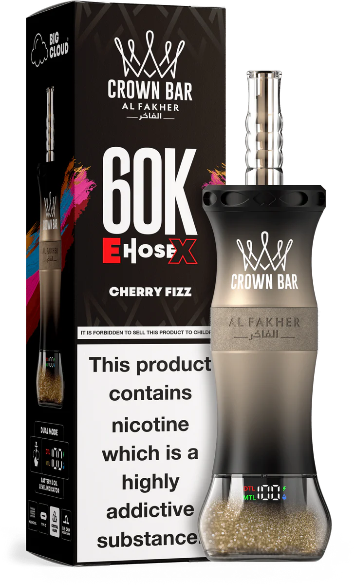 Cherry Fizz Al Fakher Crown Bar E Hose X 60K Cherry Fizz Al Fakher Crown Bar E Hose X 60k disposable device with cherry fizz flavor graphics.