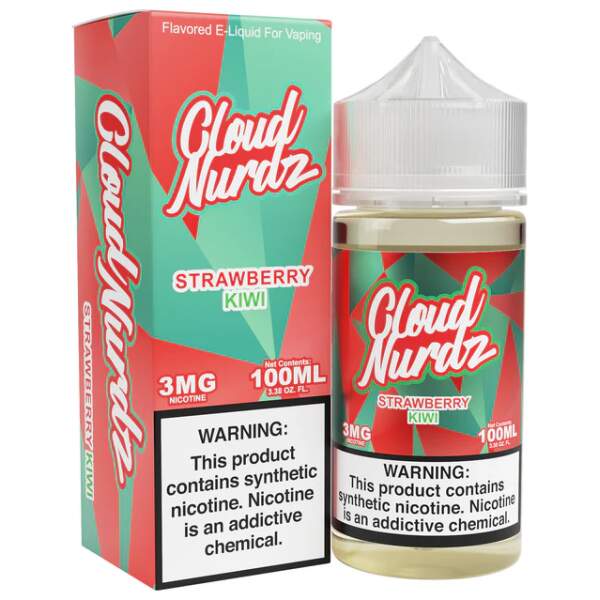 Strawberry Kiwi Cloud Nurdz 100ml e-liquid bottle with strawberry and kiwi candy graphics.
