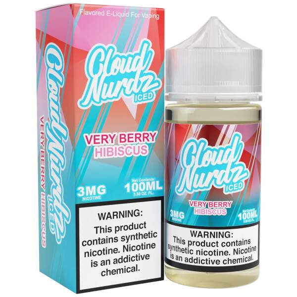 Iced Very Berry Hibiscus Cloud Nurdz 100ml e-liquid bottle with mixed berry and hibiscus flower candy graphics and icy accents.