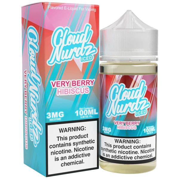 Iced Very Berry Hibiscus Cloud Nurdz 100ml e-liquid bottle with mixed berry and hibiscus flower candy graphics and icy accents.