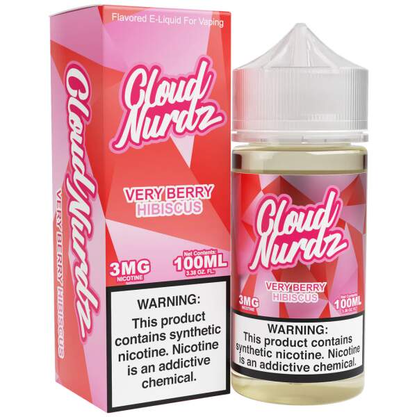Very Berry Hibiscus Cloud Nurdz 100ml e-liquid bottle with mixed berry and hibiscus flower candy graphics.