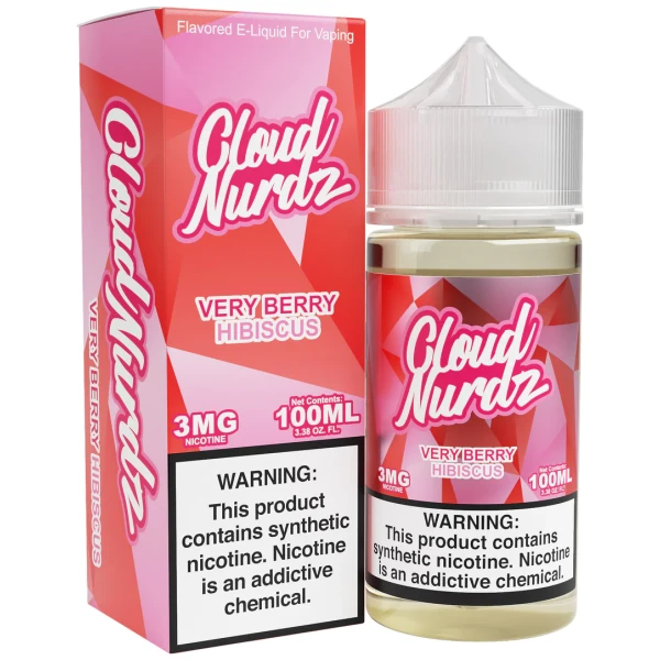 Very Berry Hibiscus Cloud Nurdz 100ml e-liquid bottle with mixed berry and hibiscus flower candy graphics.