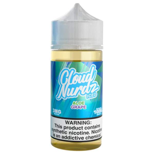 Iced Aloe Grape Cloud Nurdz 100ml e-liquid bottle with aloe and grape candy graphics and icy accents.