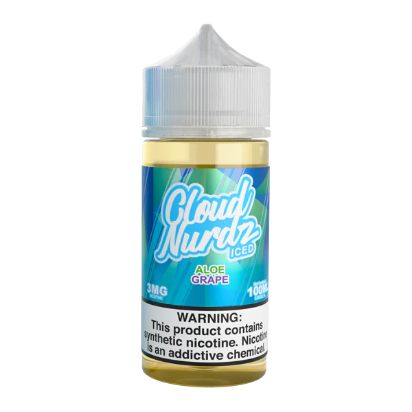 Iced Aloe Grape Cloud Nurdz 100ml e-liquid bottle with aloe and grape candy graphics and icy accents.