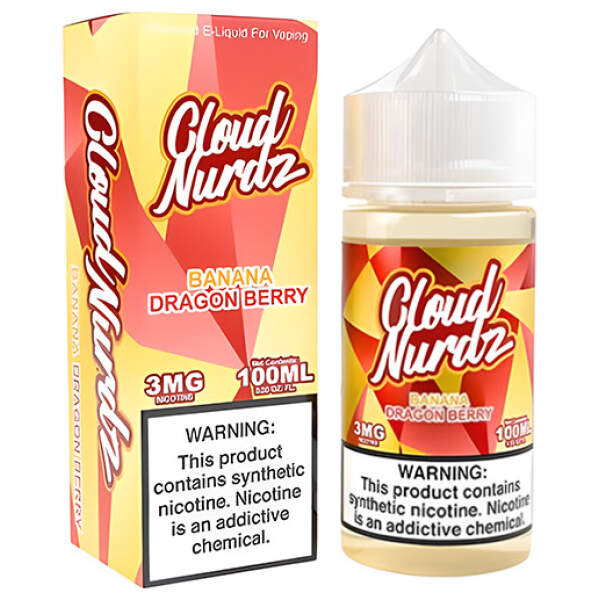 Banana Dragon Berry Cloud Nurdz 100ml e-liquid bottle with banana, dragon fruit, and mixed berry candy graphics.