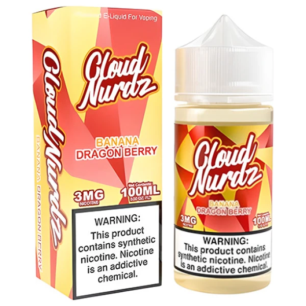 Banana Dragon Berry Cloud Nurdz 100ml e-liquid bottle with banana, dragon fruit, and mixed berry candy graphics.