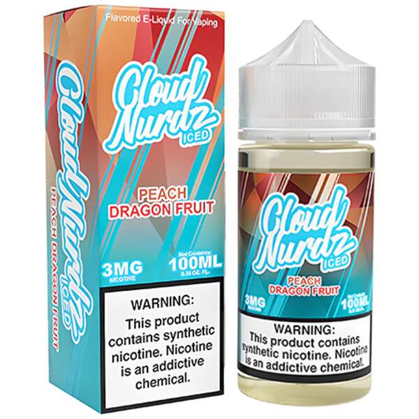 Iced Peach Dragonfruit Cloud Nurdz 100ml e-liquid bottle with peach, dragonfruit, and icy background accents.
