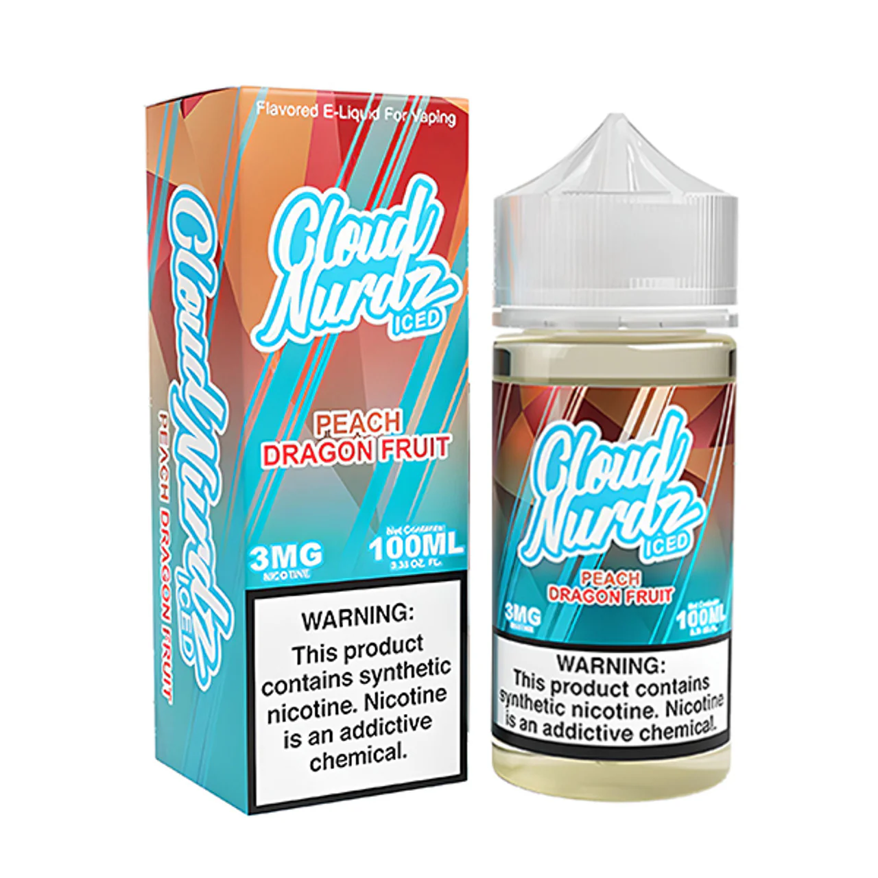 Cloud_Nurdz_Tf-Nic_100Ml_00Mg_-_Peach_Dragon_Berry_Fruit_Iced__45743 Iced Peach Dragonfruit Cloud Nurdz 100ml e-liquid bottle with peach, dragonfruit, and icy background accents.