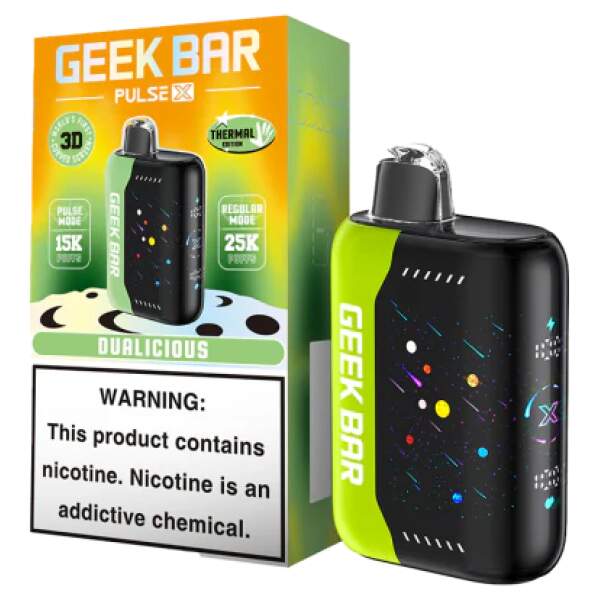 Dualicious Geek Bar Pulse X 25k disposable vape with colorful mixed-fruit design and Pulse X smart display.